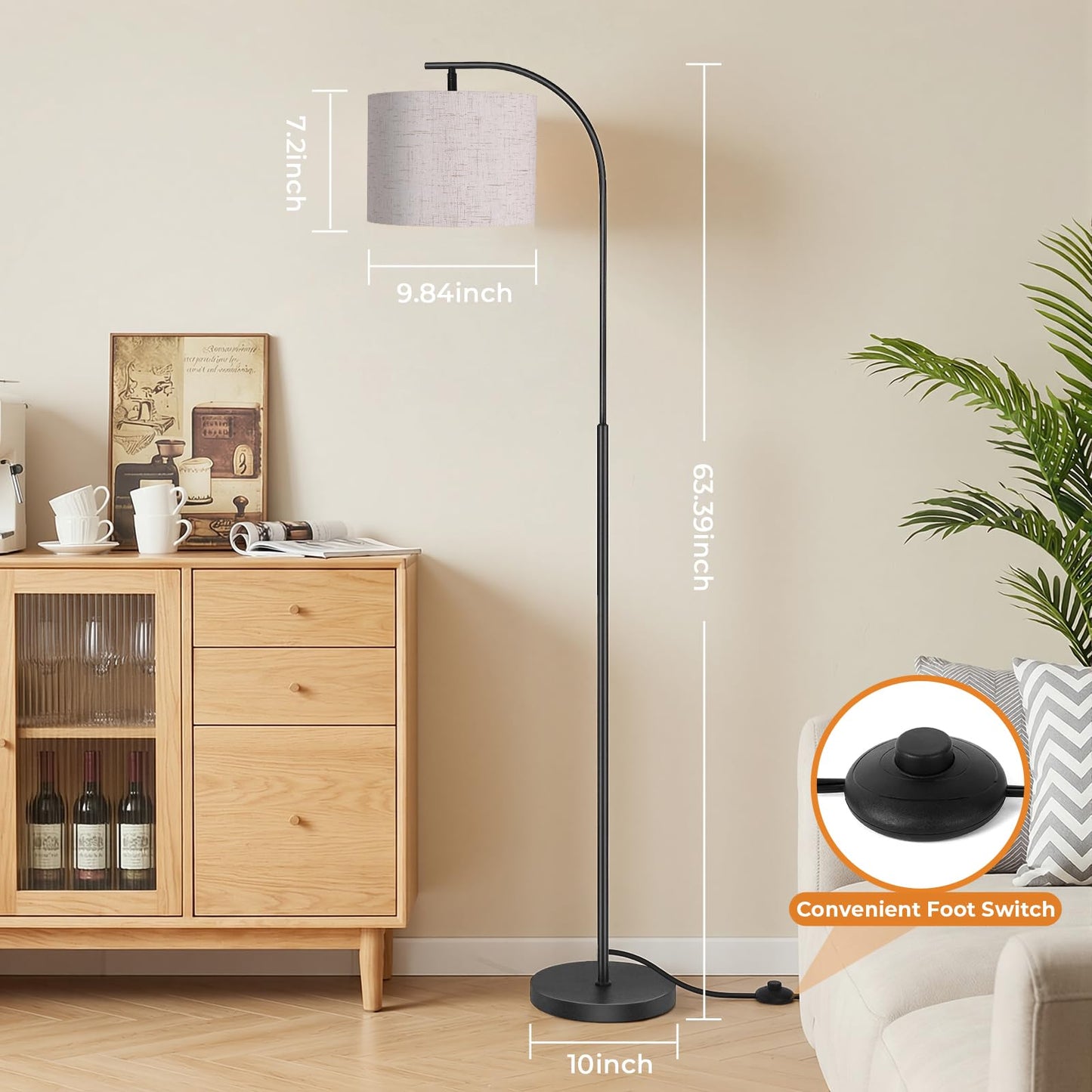 SIBRILLE Floor Lamp with Linen Shade, Arc Dimmable Tall Standing Lamp with Remote Control, Modern Floor Reading Light for Living Room Bedroom Office Corner, 9W LED Bulb Included
