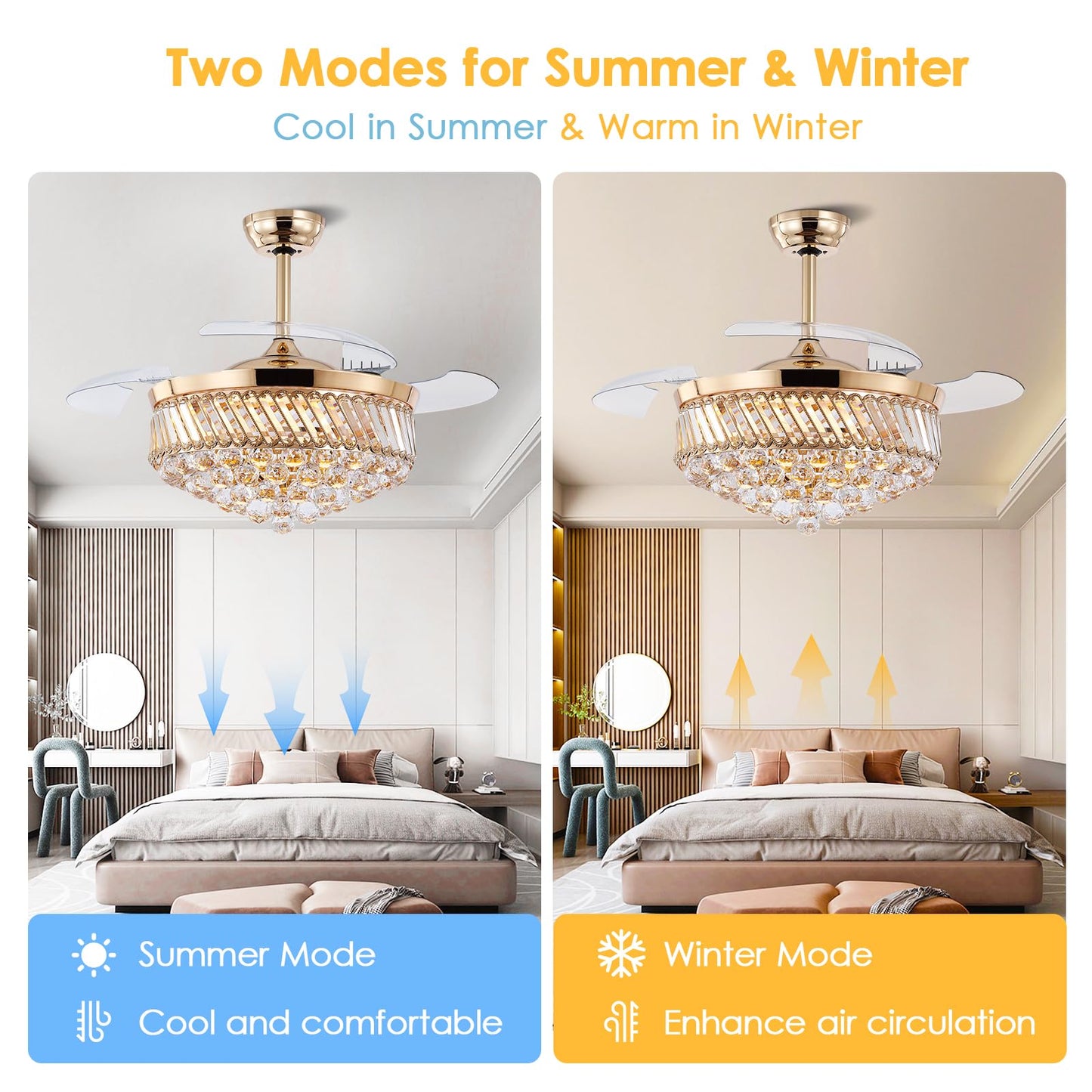 Asyko 48" Golden Crystal Ceiling Fans with Lights and Remote and APP, Modern Retractable Blades Ceiling Fan with 3 CCT for Living Room,Dining Room, Kitchen, Reversible