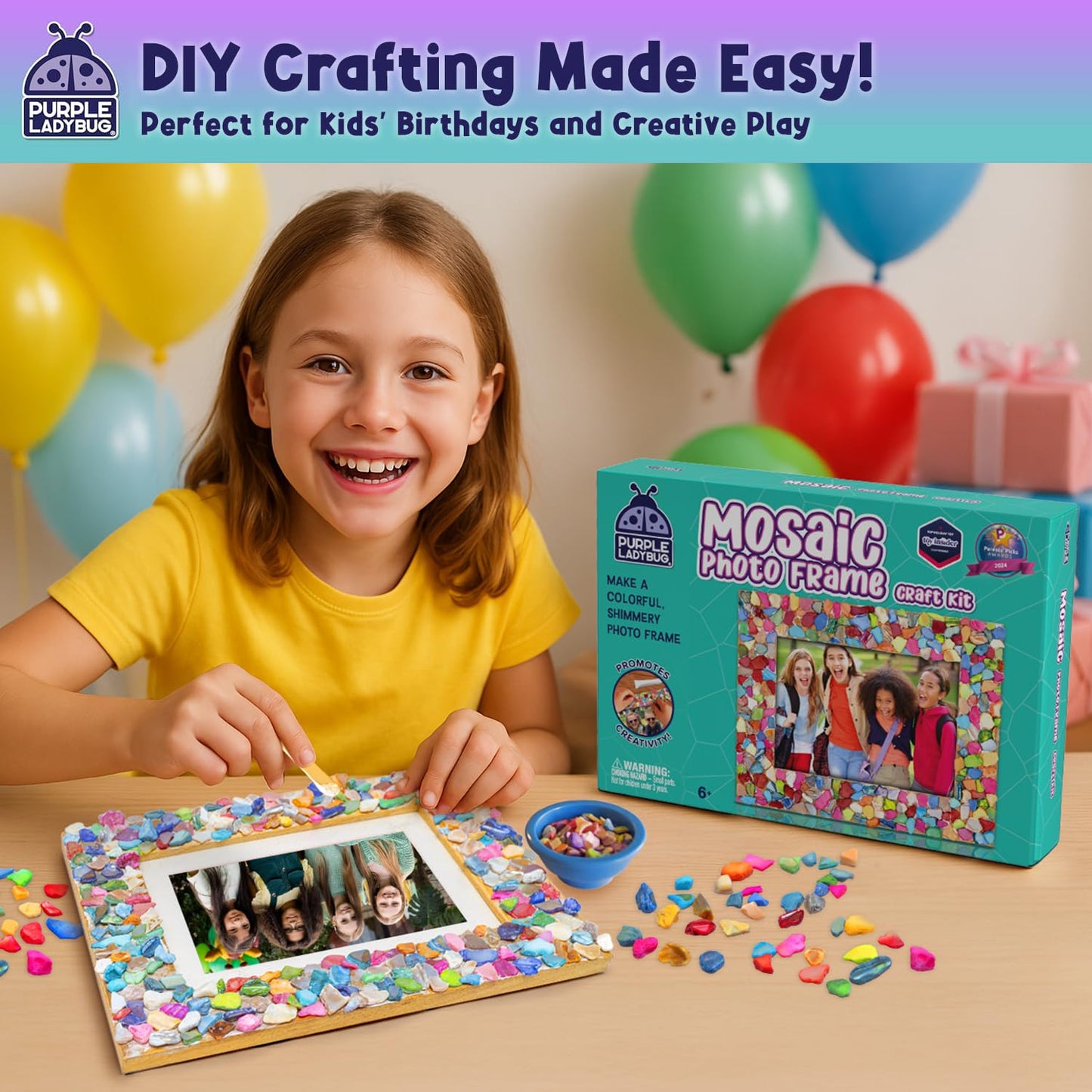 PURPLE LADYBUG Decorate Your Own Mosaic Photo Frame Craft Kits for Kids Age 6+ - 7 Year Old Girl Gifts, Birthday Gifts for 10 Year Olds Girls, DIY Arts and Crafts Activity for Kids Ages 6-10
