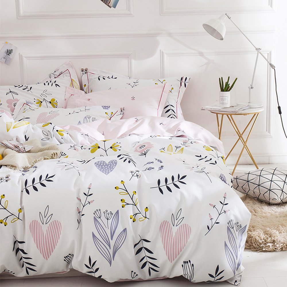 BuLuTu Floral Love Print Girls Duvet Cover Full White/Pink Cotton Premium Blossom Kawaii Reversible Kids Bedroom Comforter Cover Queen Duvet Cover for Toddler,Teen,Lightweight,Zipper Closure