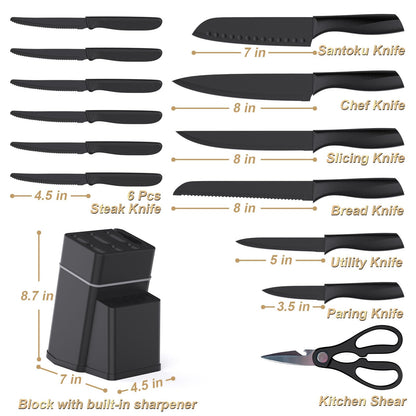 Kitchen Knife Set with Block - 15 Pieces Knife Sets with Built-in Sharpener, Dishwasher Safe, Stainless Steel Blades Kitchen Knives