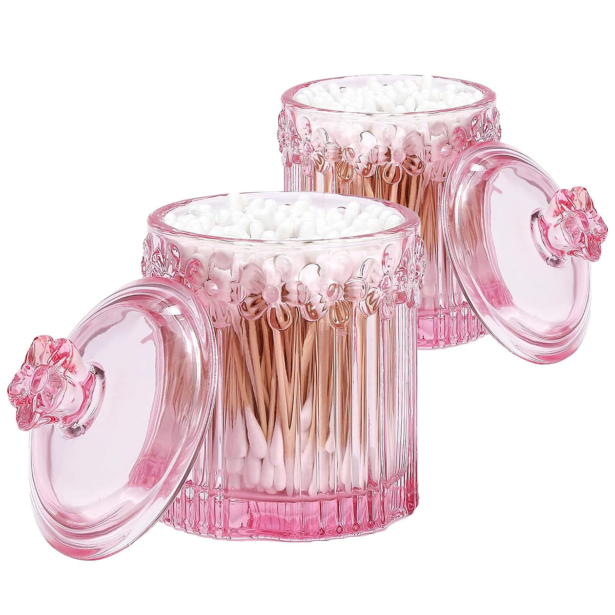 2 Pack Qtip Holder Glass Bathroom Storage Canisters for Cotton Rounds, Apothecary Jars with Lids, Cute Crystal Beauty Eggs Makeup Pads Dispenser, Candy Container Floss Organizers (Pink)