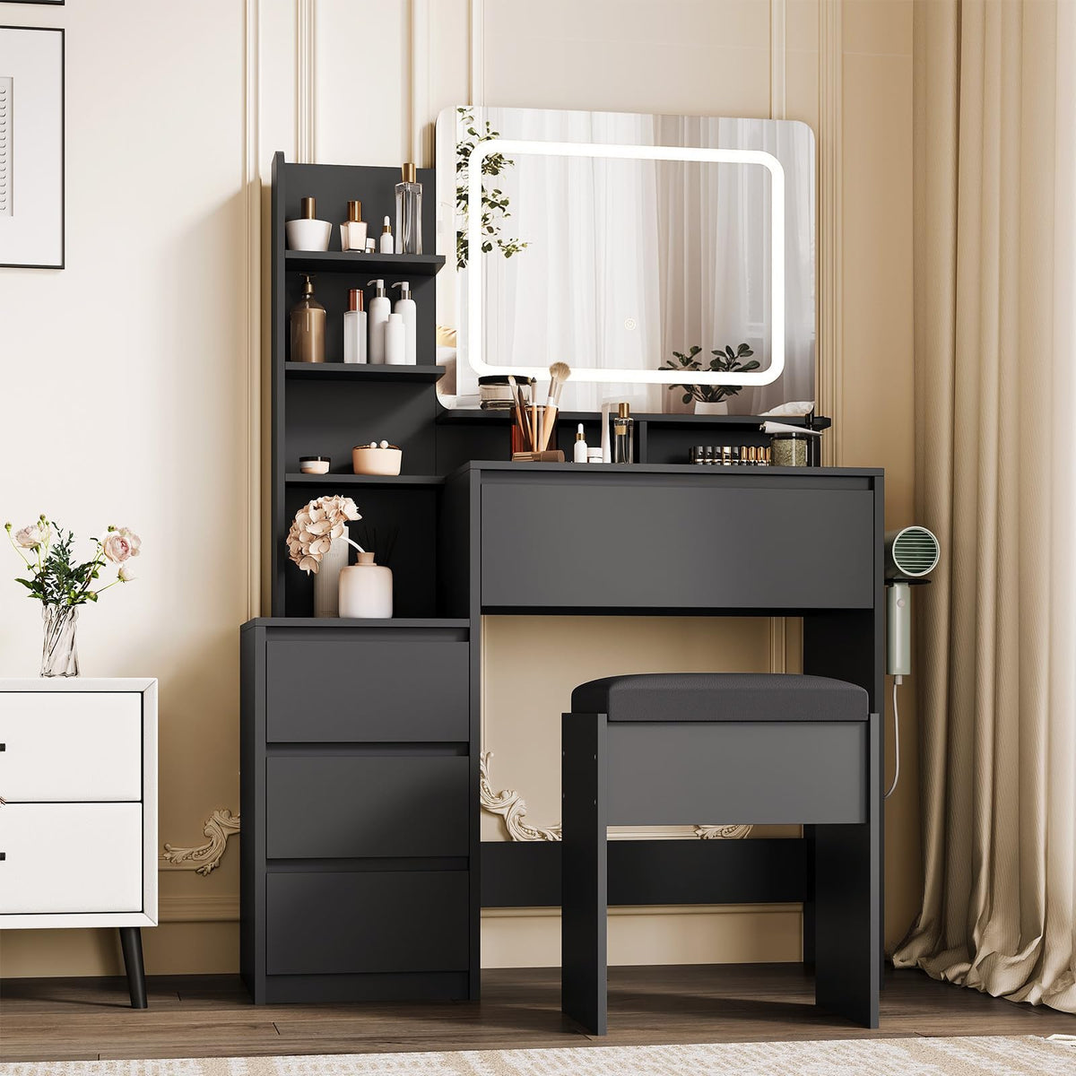 Vanity Desk with Mirror and Lights - 36" Vanity Table Set with 4 Drawers, Power Outlet, USB Ports, Stool, Dressing Table with 3 Lighting Color Adjustable for Bedroom, Women,