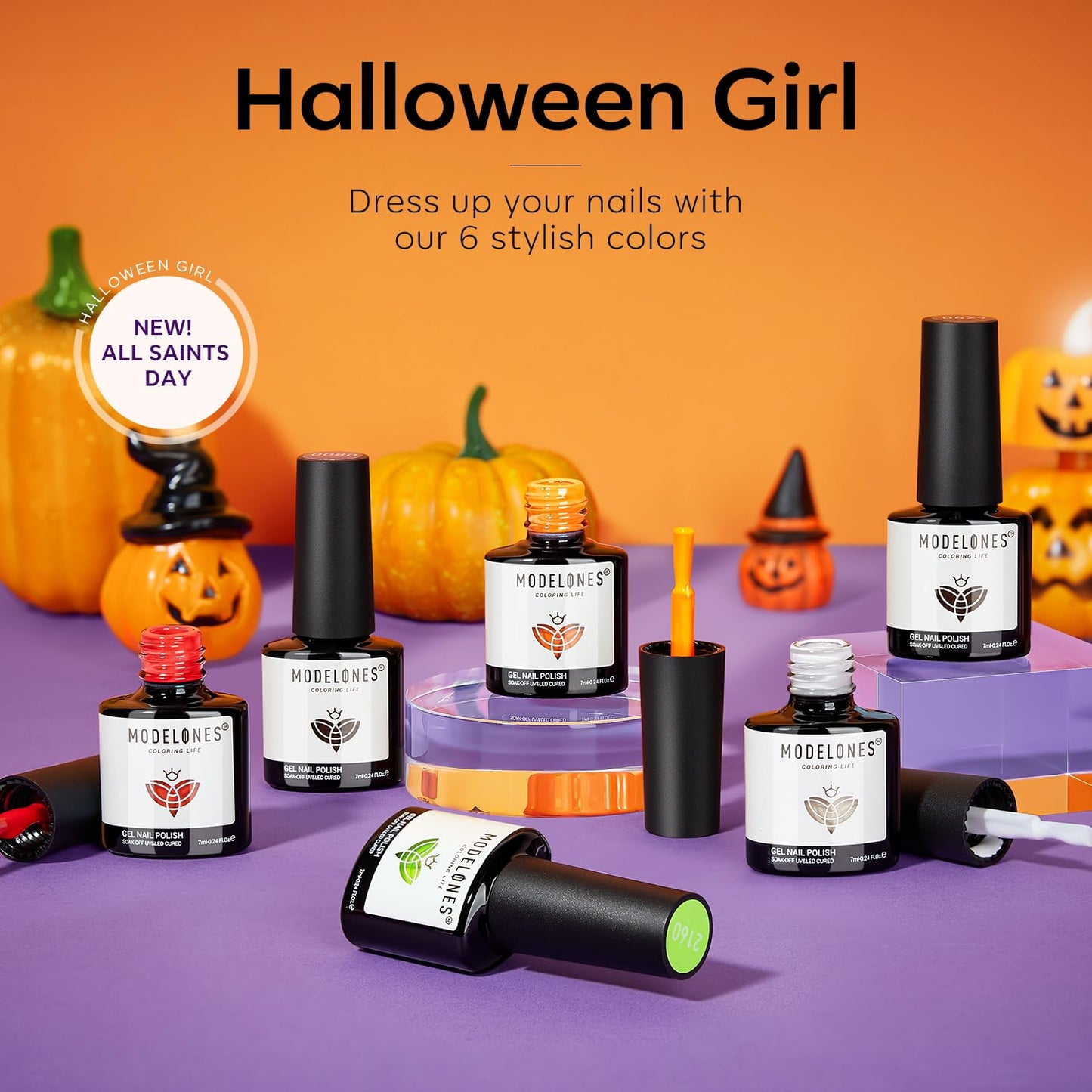 modelones Gel Nail Polish Set 6 Colors 2025 Halloween Hocus Pocus Collection Glow in the Dark Neon Green Orange Purple Red Black Gel Polish Set Fall Soak Off LED Nail Art Kit Gift with Nail Stikers