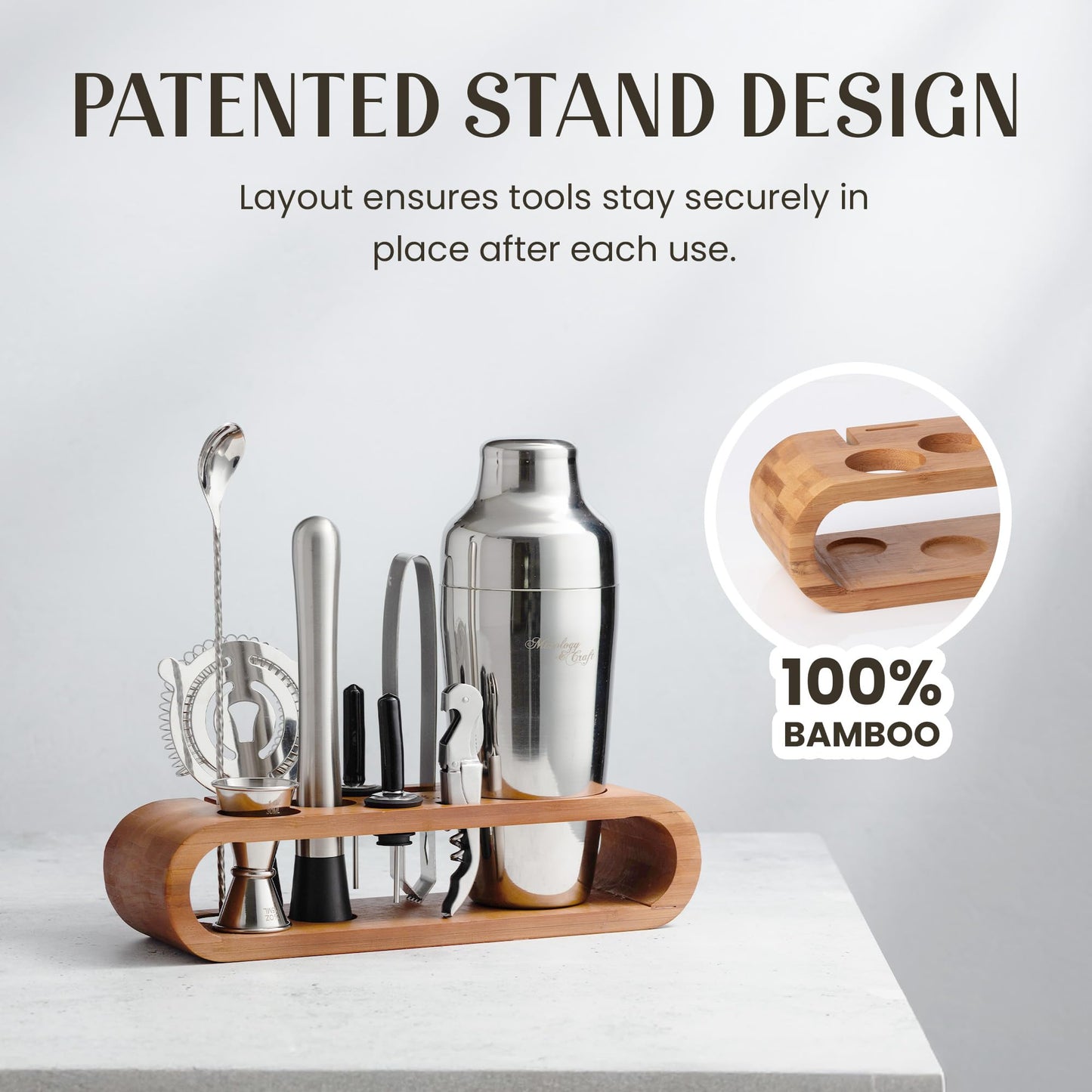 Mixology Cocktail Shaker Set - 10-Piece Cocktail Making Set - Home Bartender Kit in Bamboo Stand with Spoon, Boston Shaker, Other Tools for Drink Mixing, Martini, Mocktail - Gift Set (Silver)