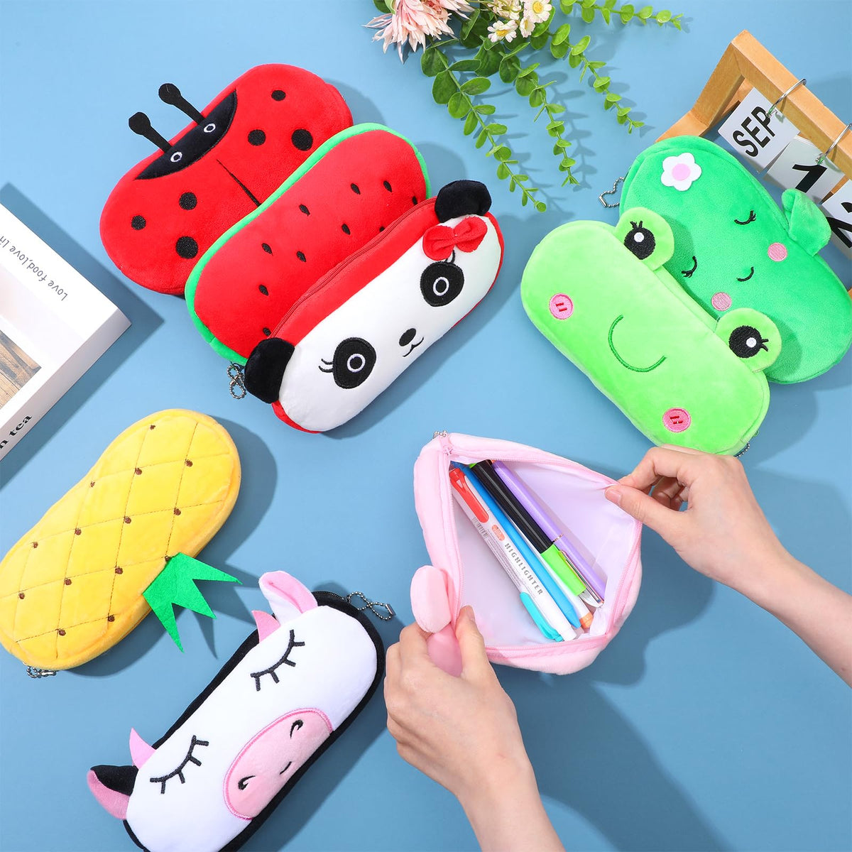 JOUTYFOR 8 Pcs Cartoon Pencil Pouch Bulk Cute Zipper Pencil Cases Animal and Fruit Pencil Boxes Plush Pencil Bag Japanses Kawaii Stationery Bag for Kids Boys Girls Students Classroom