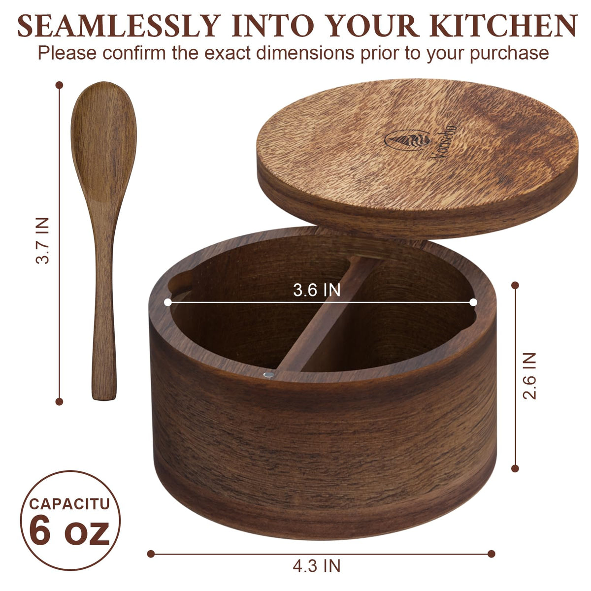 Vorisebo Acacia Wood Salt Container with Built-in Spoon, Elegant Salts Holder with Magnetic Swivel Lid, Salt Box for Kitchen to Storage Pepper, Spice or Favorite Seasonings, 5OZ (Two Compartments)