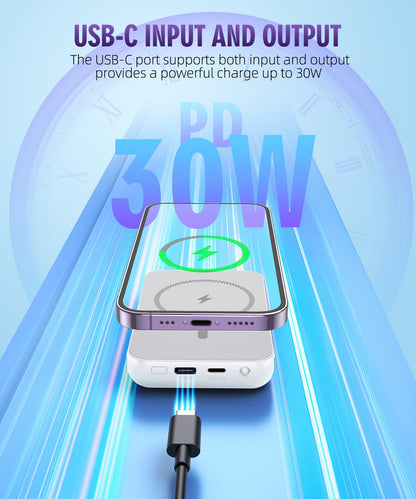 for Magnetic Power Bank, 6800mAh Wireless Portable Charger with PD30W Fast Charging, Battery Pack Built-in 2 Output Cables for iPhone Series(Silver White)