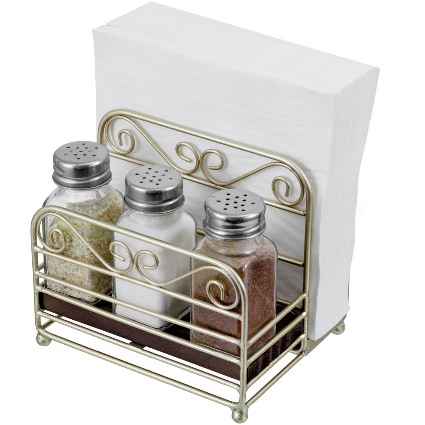 MyGift 2-in-1 Disposable Napkin and Salt & Pepper Caddy, Brass Tone Metal Vintage Scrollwork Dinner Table Paper Towel Condiment Holder with Rustic Burnt Solid Wood Base