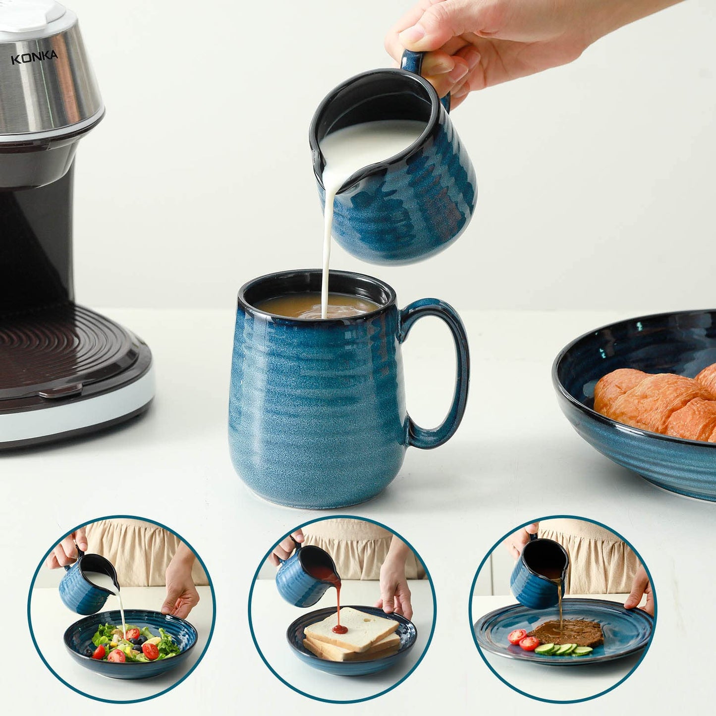 Hasense Sugar and Creamer Set, 3 Pieces with 11 Ounce Sugar Bowl with Lid and Spoon, 10 Ounce Creamer Pitcher, Ceramic Milk Pitcher and Sugar Pot for Coffee Bar, Coffee Serving Set, Navy Blue