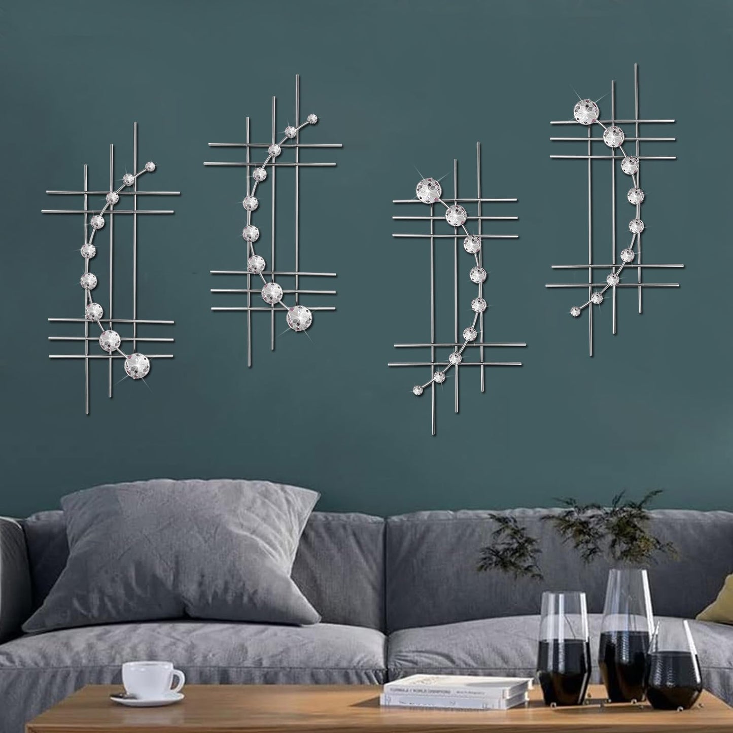 ZEXUIRU 4 Pcs Abstract Metal Wall Art for Home Decor Living Room Bedroom Bathroom Office Metal Bling Modern Geometric Hanging Vertical Small Iron Sculpture Plaque Pack -Silver 16.5in