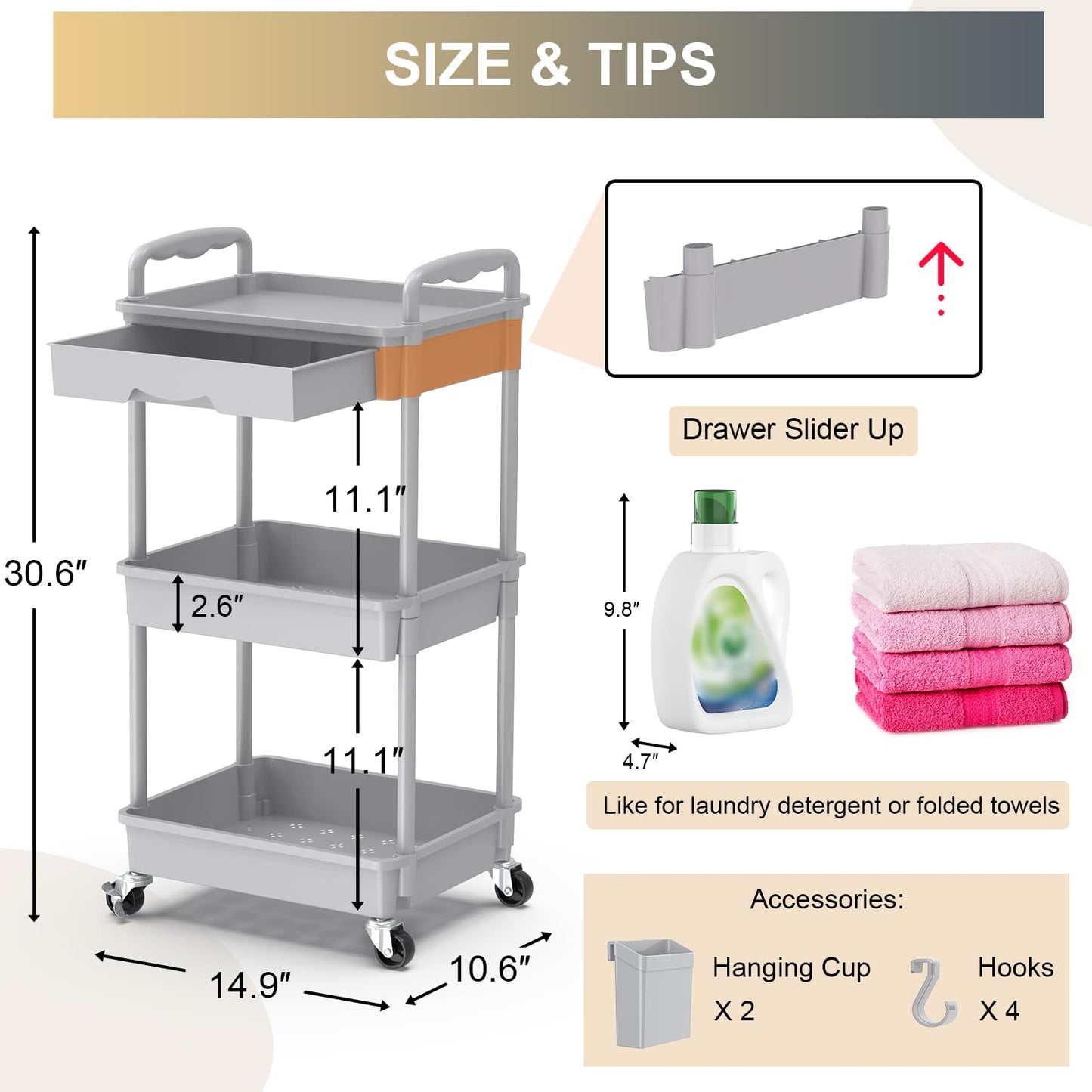 Goovilla 3 Tier Rolling Utility Cart Organizer with Removable Drawer, Stable and Sturdy Black Rolling Storage Carts with 2 Lockable Wheels for Bathroom, Kitchen, Snack, Craft, Makeup, Baby Essentials