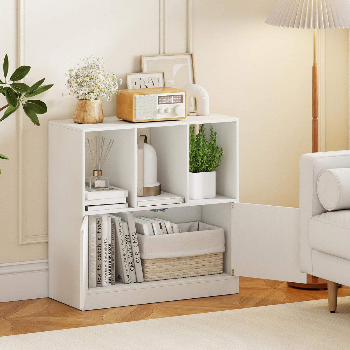 Giantex 3-Cube Bookcase with Doors, 3-Tier Cubic Bookshelf w/Open Compartments & Cabinet, Modern Display Shelf, Wooden Floor Freestanding Cubby Storage Organizer for Living Room, Study (1, White)