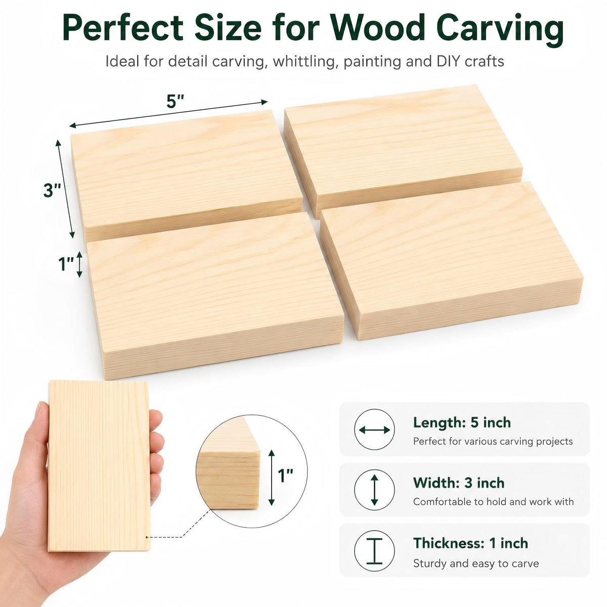 Unfinished Wood Blocks for Crafting, 3X5X1 Inch Wood Carving Blocks, 4 Pcs Solid Pine Wood Blocks for Craft DIY Wood Carving Painting Wall Decorations for Beginners and Adults