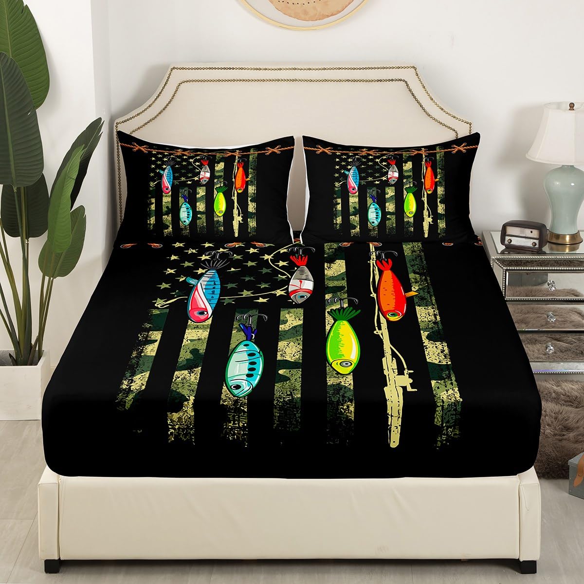 Castle Fairy Fishing Lure Bed Sheet Set King Size,Green Camouflage American Flag Deep Pocket Fitted Sheet,1 Flat,2 Pillowcases,Camo Fish Print Fisherman Gift Bed Mattress Cover, Bedroom Decor