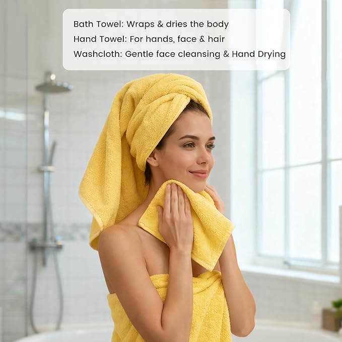 SEMAXE Yellow Bath Towel Set, 100% Cotton Absorbent Bathroom Towels
