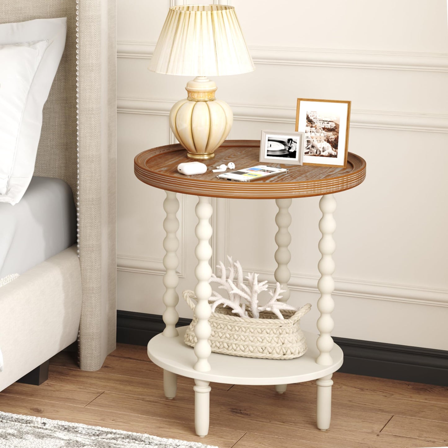 Function Home Round End Table, Farmhouse Side Table with Storage Shelf, 2 Tier Wooden Nightstand, 19.2” Accent Table for Living Room Bedroom Small Space, Natural Tray Top and Vintage White Spindle Leg