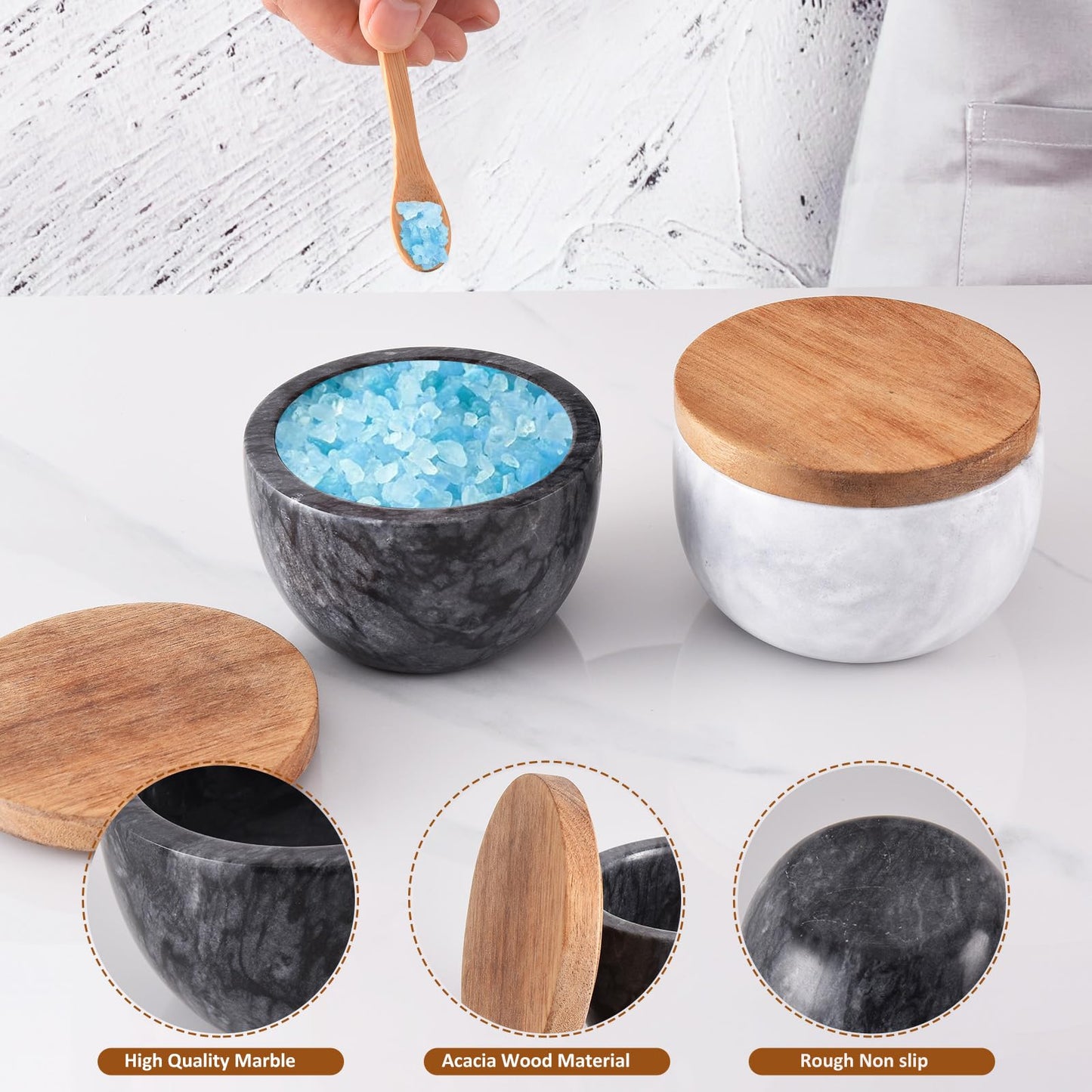 Q.XING Natural Marble Salt Cellar, 10oz Salt Dish with Lid & Spoon, Unique Seasoning Box, Stone Salt Holder, Salt Containers for Countertop, Kitchen Decor