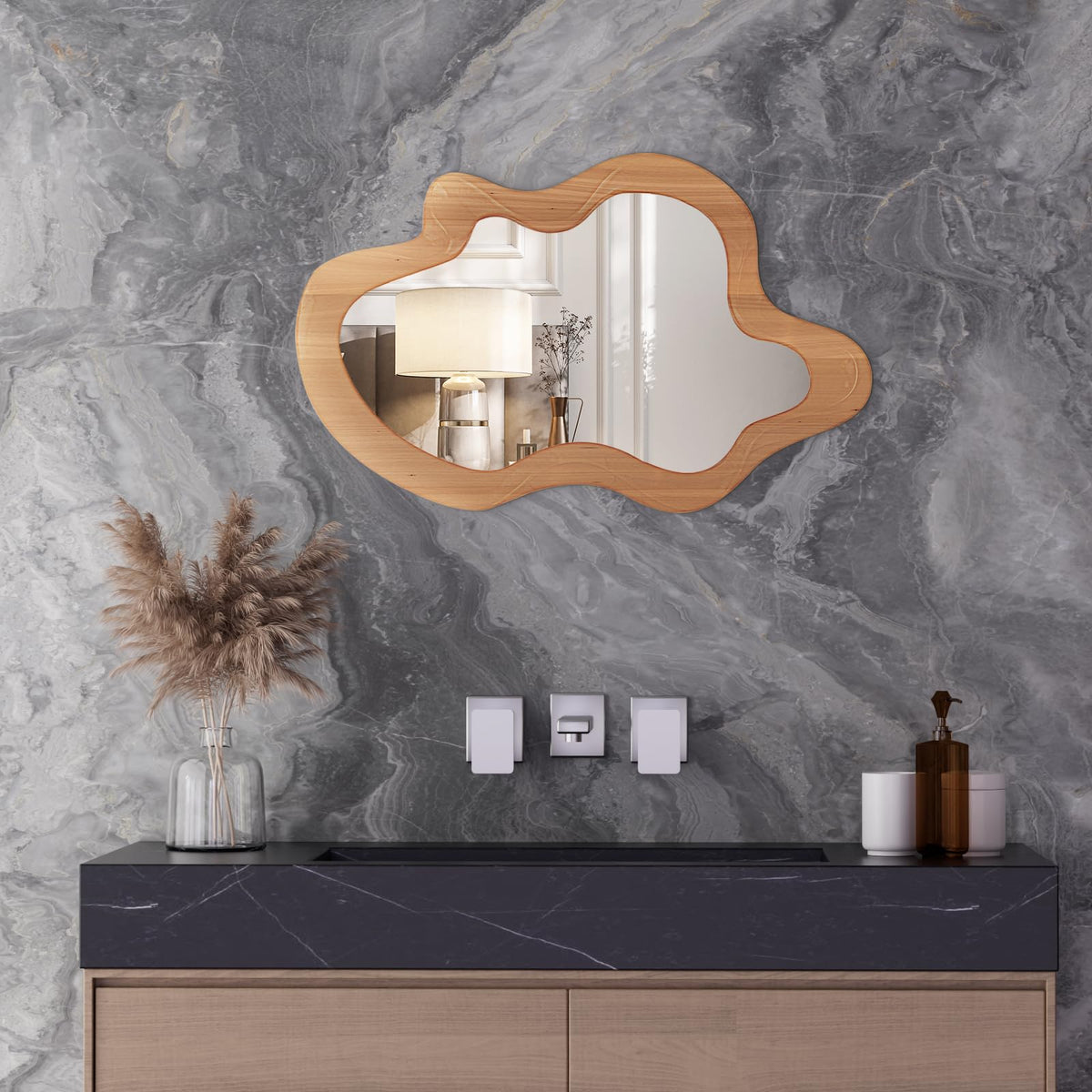 osemy 36" x 24" Irregular Wall Mirror, Wooden Framed Asymmetrical Wavy Wall Mirror for Living Room Bedroom Entryway Bathroom Modern Decorative, Hanging Hooks