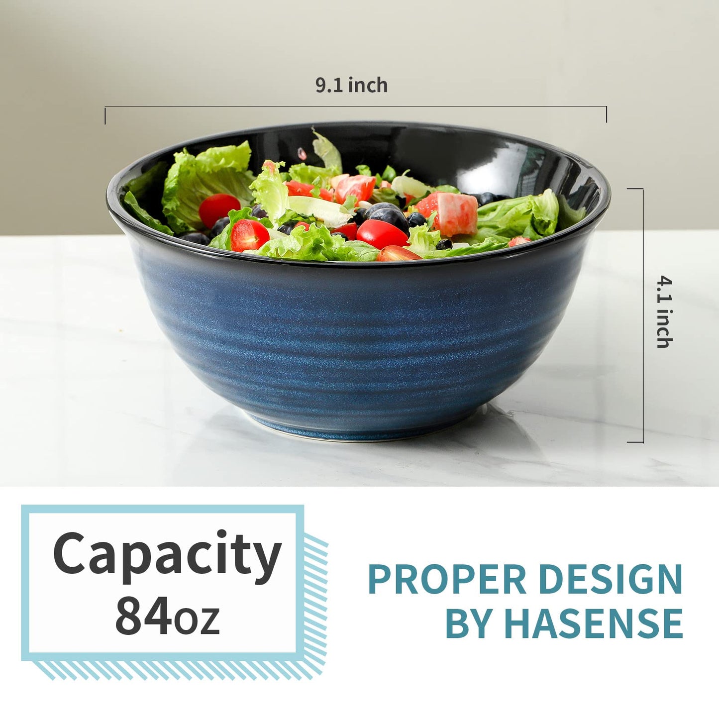 HASENSE Ceramic Serving Bowls, 9 Inch Large Salad Bowls for Kitchen, 84 Ounce Mixing Bowl Set of 2, Ideal for Soup Pho Pasta Popcorn, Dishwasher & Microwave Safe(Blue)