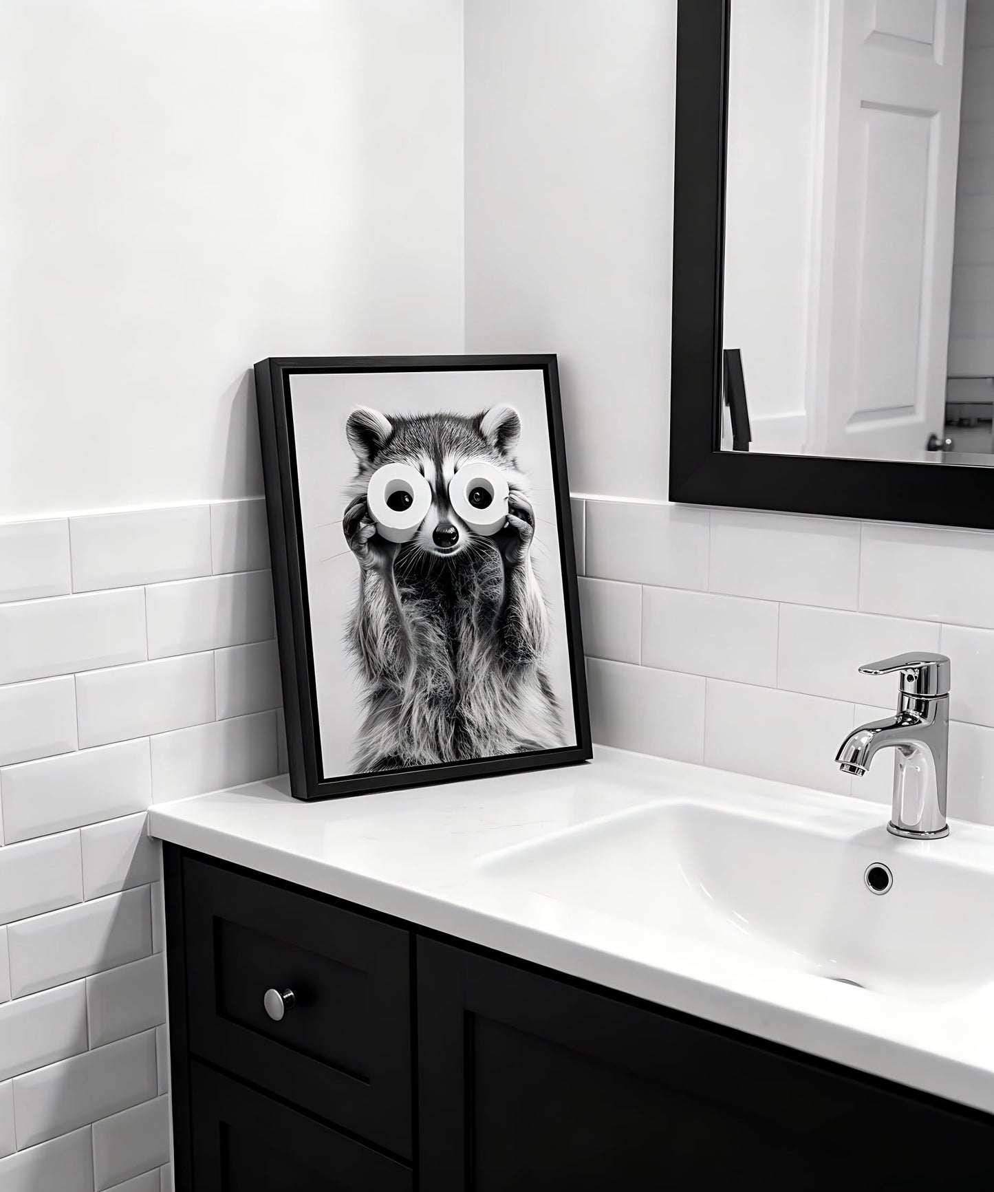 Framed Adorable Raccoon Bathroom Canvas Wall Art Toilet Paper Raccoon Wall Decor Pictures Funny Black and White Bathroom Animal Posters Prints for Restroom Home Decoration 8x10in