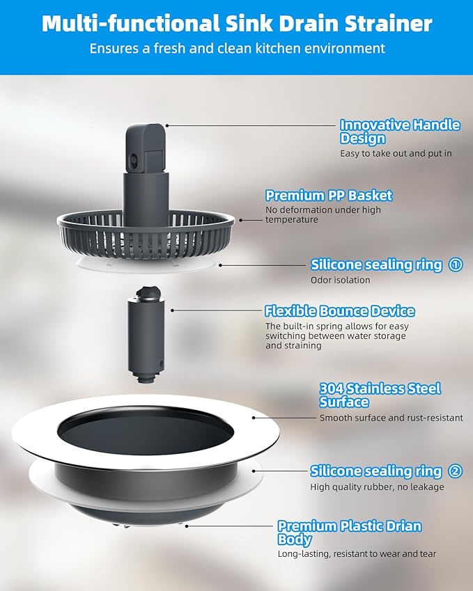 Hibbent 3 in 1 Kitchen Sink Drain Strainer and Stopper Combo, Chrome Stainless
