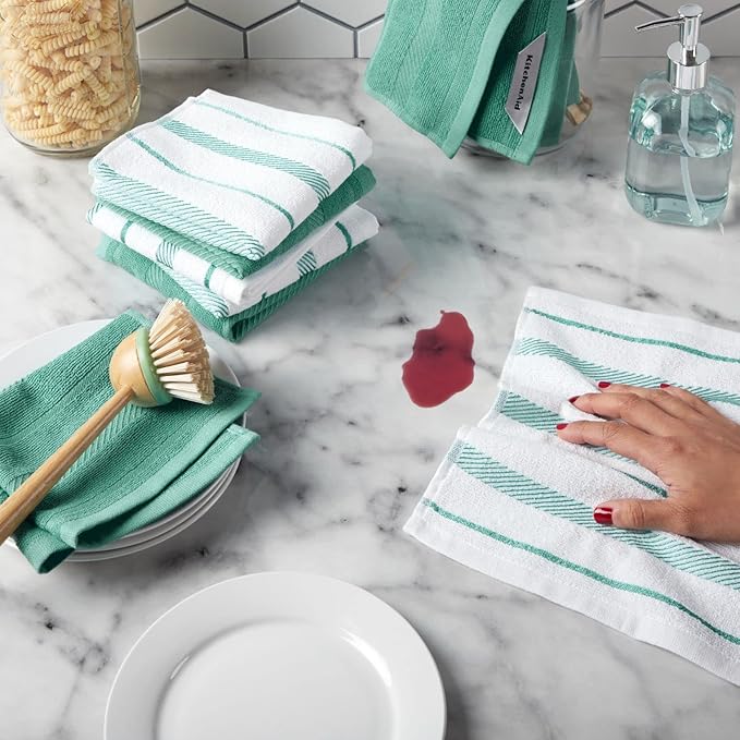 KitchenAid Albany Dishcloth 8 Pack Set, Aqua Sky/White