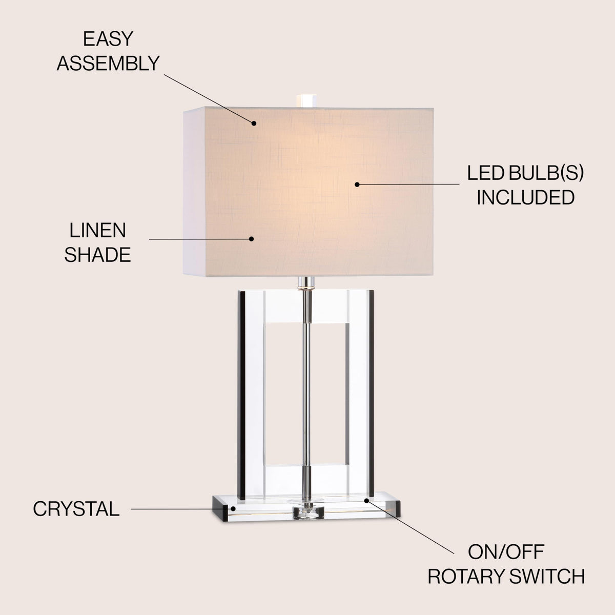 JONATHAN Y 26" Clear and Black Crystal Table Lamp, Modern Geometric Glam Glass Lamp with White Linen Drum Shade for Living Room Bedroom Nightstand, LED Bulb Included JYL2015A