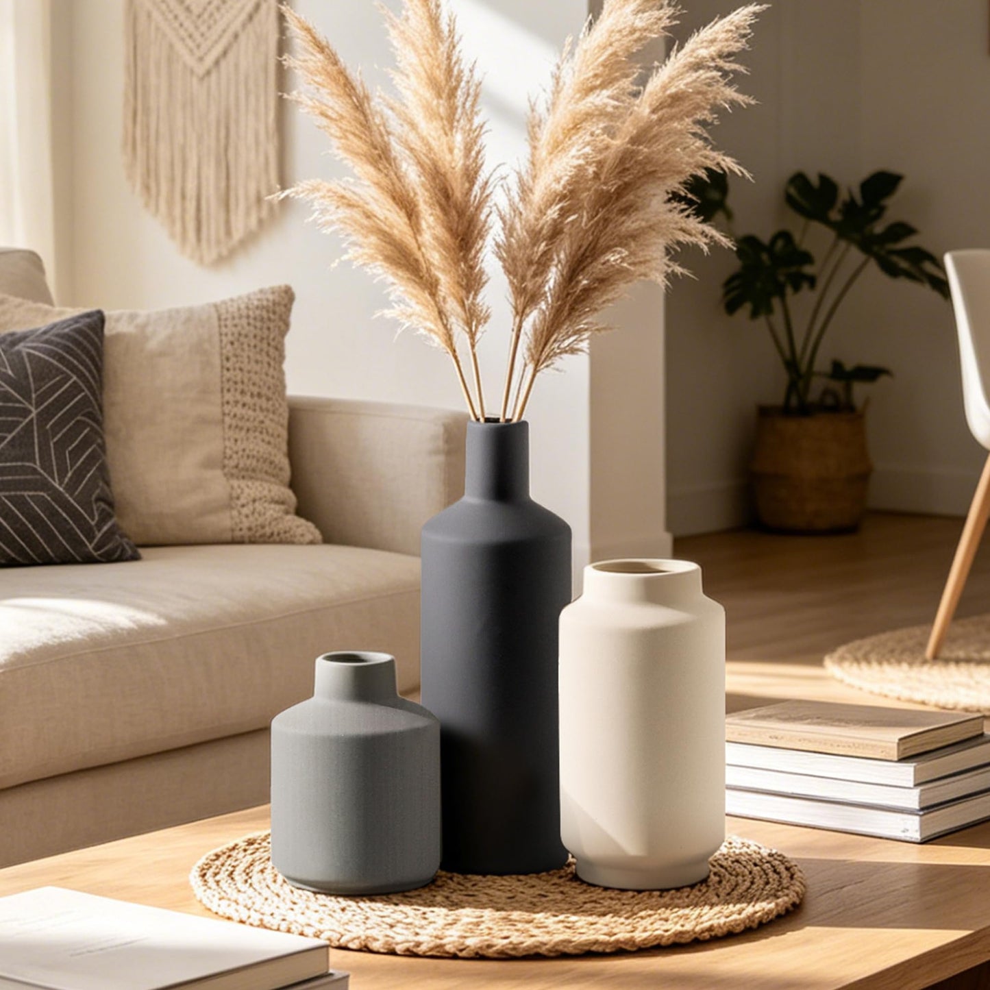 Ceramic Vase Set of 3, Modern Decorative Vases for Home Decor, Small Flower Pottery Vase Sets, Boho Farmhouse Rustic Vases for Living Room, Kitchen, Bedroom, Bathroom, Shelf, Table