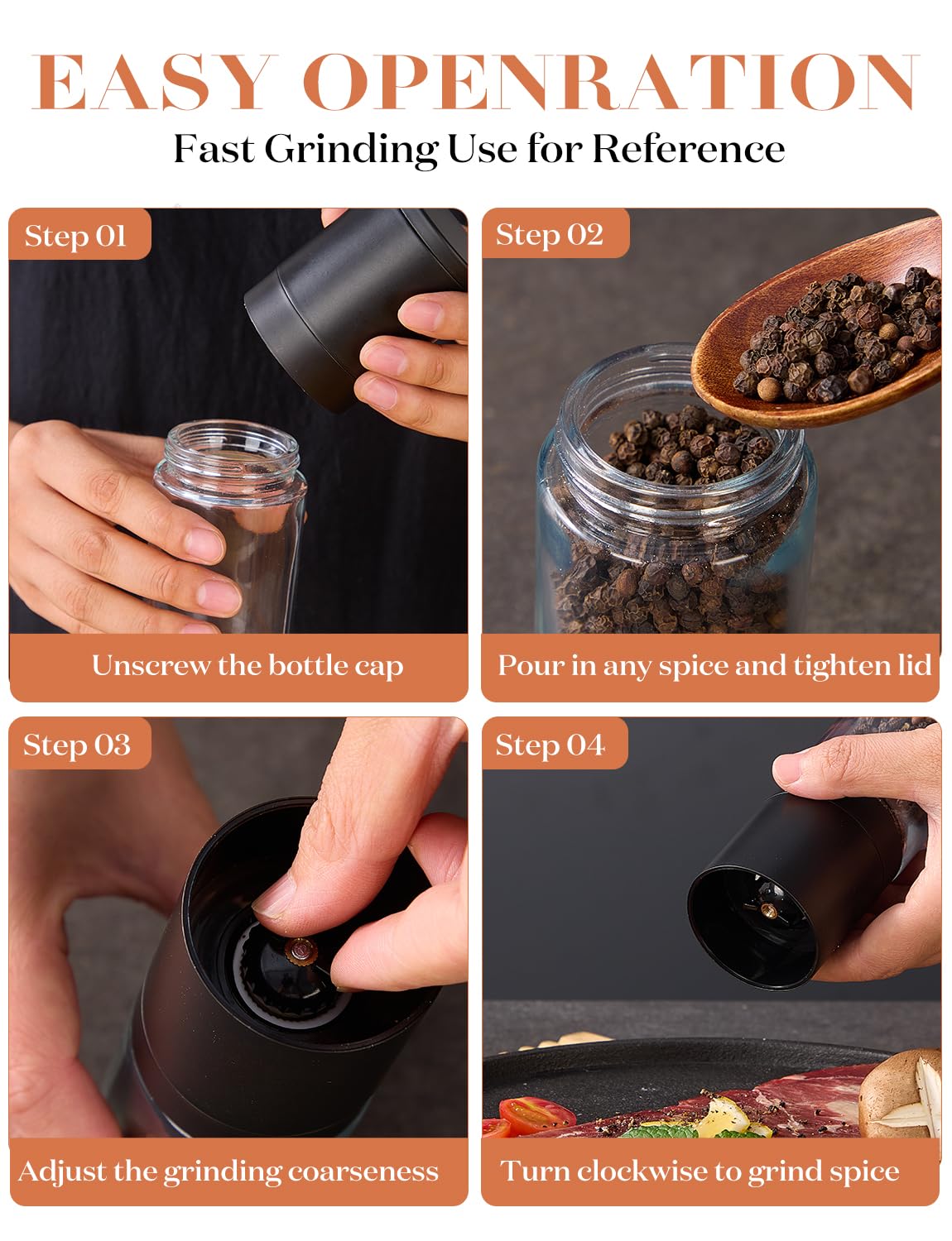 Salt and Pepper Grinder 2pcs Black Pepper Mill Refillable Manual Adjustable Coarseness Glass Material Fits in Home Kitchen Barbecue