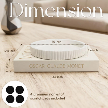 Decorative Concrete Tray & Book Set - Modern Scalloped Home Decor Tray & Linen Storage Box for Coffee Table, Bookshelf, Entryway, Console, Living Room, Housewarming Gift (White)