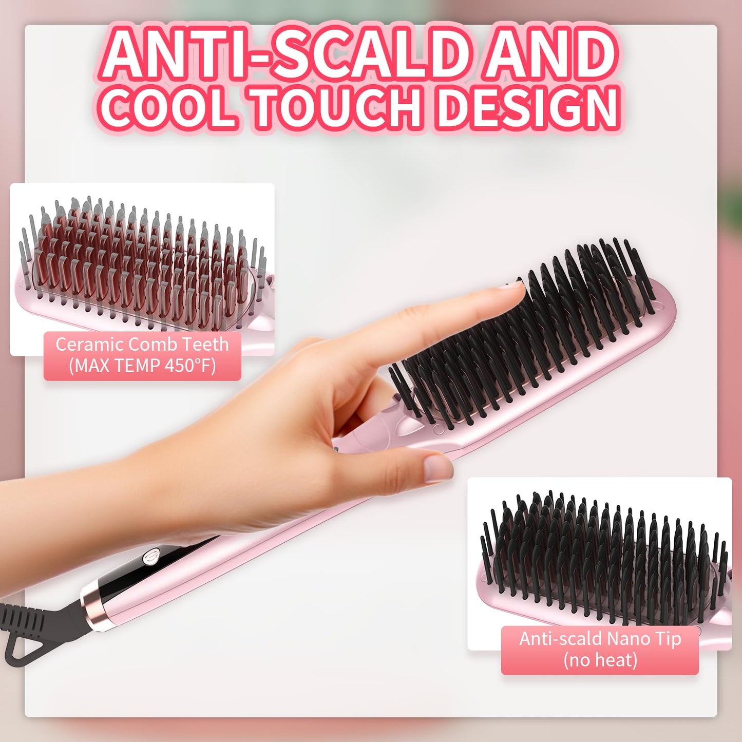 Hair Straightener Brush Straightening Brush Ceramic 2-in-1 Ionic Straightening Brush with Anti-Scald Feature,MCH 20s Fast Heating up, 170℉-450℉,LCD Display, Dual Voltage