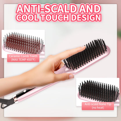 Hair Straightener Brush Straightening Brush Ceramic 2-in-1 Ionic Straightening Brush with Anti-Scald Feature,MCH 20s Fast Heating up, 170℉-450℉,LCD Display, Dual Voltage