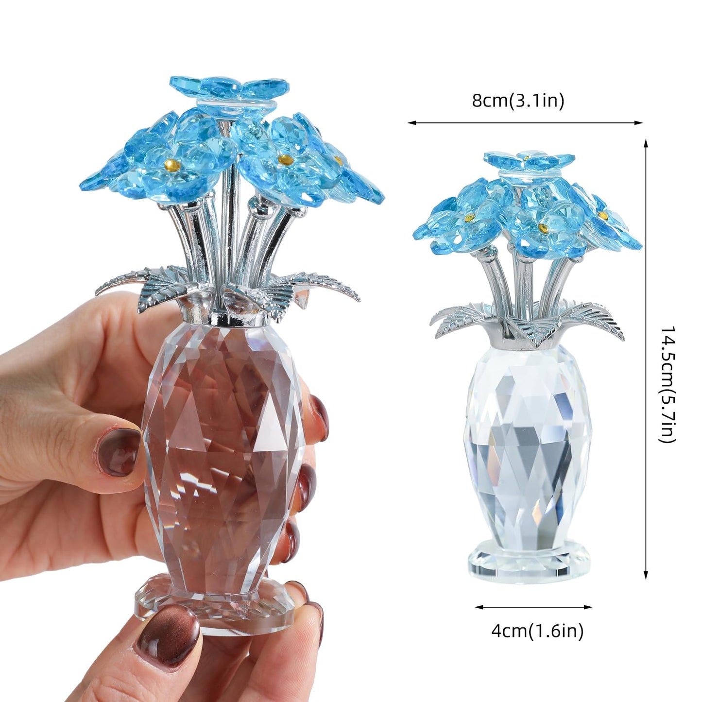MysticGlitz Crystal Forget-Me-Not Flowers Figurine, Blue Glass Flower Bouquet with Silver-Plated Stem & Faceted Crystal Vase, 5.7" Tall Crystal Collectible, Home Decor