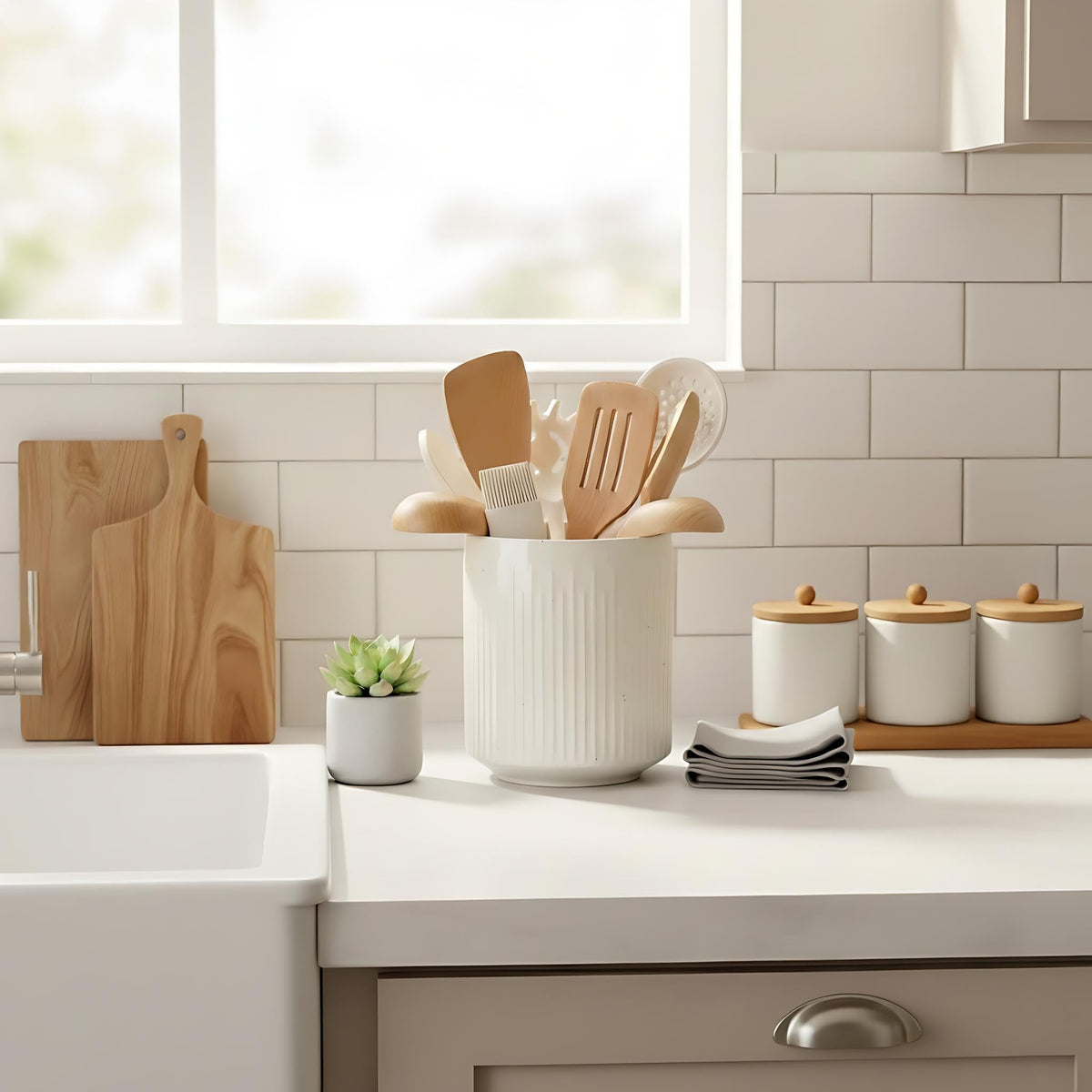 JIEMEI HOME Kitchen Utensil Holder, 7.2" Large Ceramic Stable Utensil Crock for Countertop, Utensil Organizer with Cork Mat, Removable Bamboo Divider for Easy, Kitchen Decor, Aged Ivory Speckle