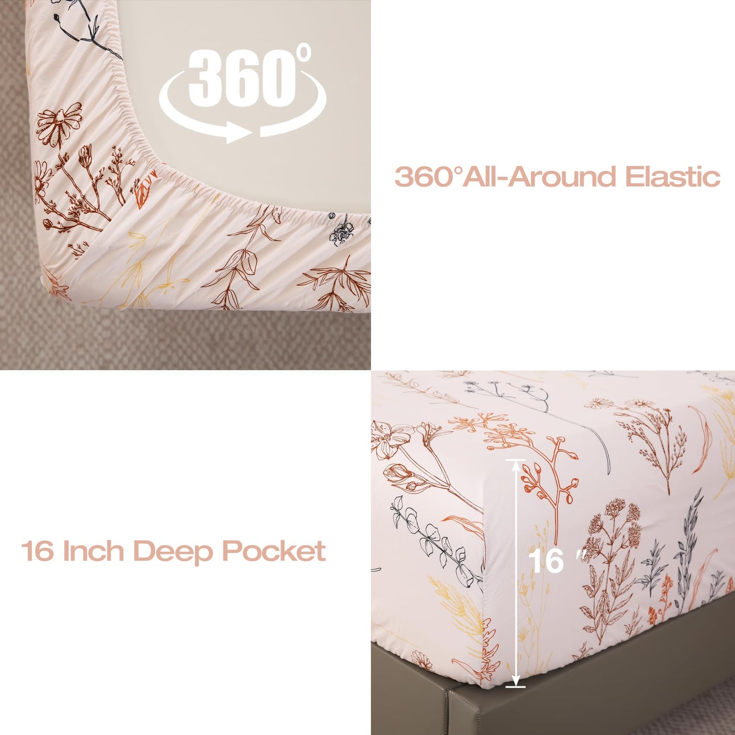Yibeizi Floral Sheet Set King, Boho Botanical Rustic Pattern Bed Sheets Beige Fall Bedding Sheets & Pillowcases Soft Microfiber 15" Extra Deep Pocket Fitted Bedsheet 4 Piece
