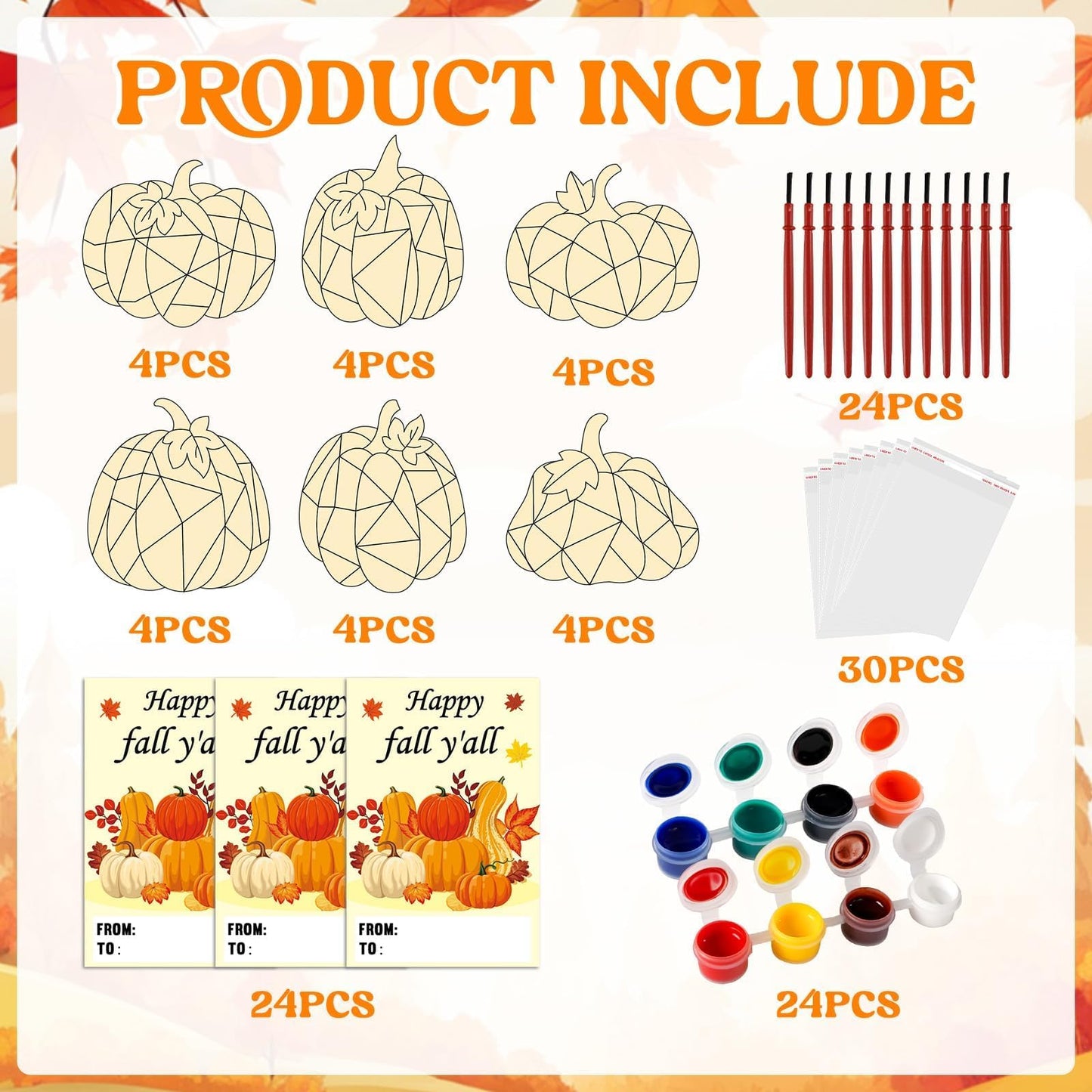 24 Sets Thanksgiving Fall Pumpkin Party Favors Pumpkin Wooden Painting Craft Kits Autumn Party Decors Thank You for Coming Gifts for Kids Happy Fall Y’all Cards - Birthday Crafts Bulk Harvest Supplies