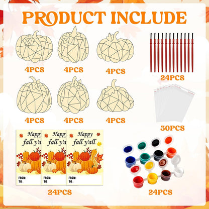 24 Sets Thanksgiving Fall Pumpkin Party Favors Pumpkin Wooden Painting Craft Kits Autumn Party Decors Thank You for Coming Gifts for Kids Happy Fall Y’all Cards - Birthday Crafts Bulk Harvest Supplies
