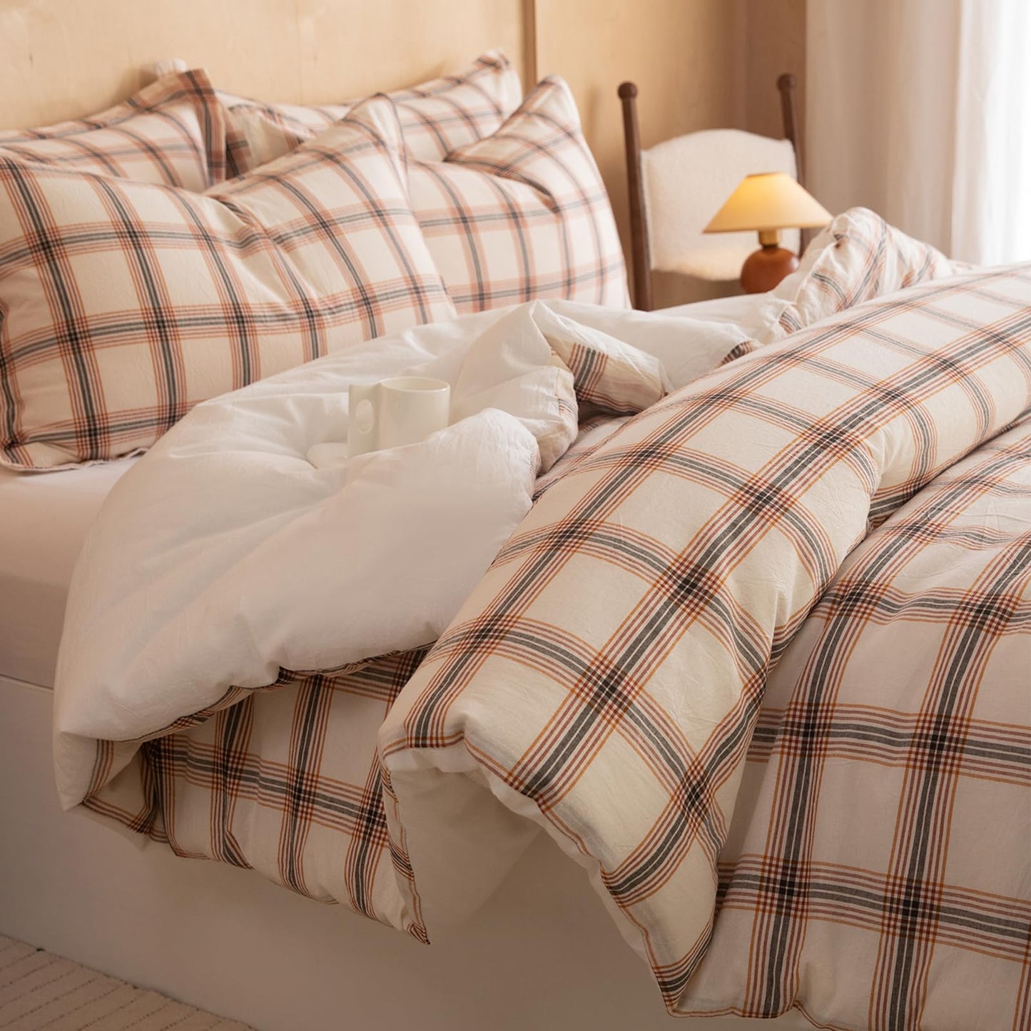 LLanCL Cotton Plaid Comforter Set Queen Size,100% Cotton Cover with Polyester Fill,Ultra Soft,Breathable,Lightweight Bedding for All Seasons,1 Comforter 90"x90" & 2 Pillow Shams 20"x26"(Beige)