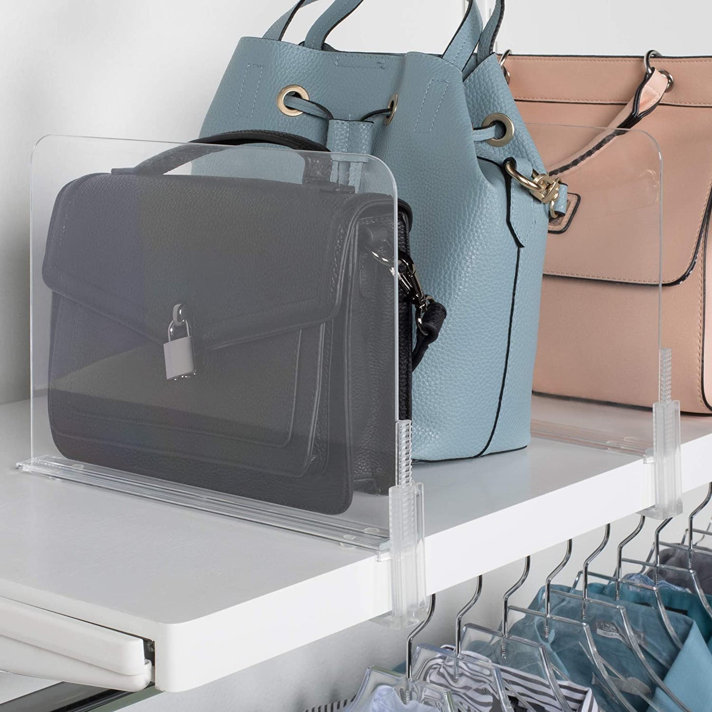 Richards Homewares Acrylic Shelf Dividers - Purse, Sweaters Organizer for Closet - Clear Separators Closet Shelf Organizer - 4 Pack Adjustable up to 2.5” Thick