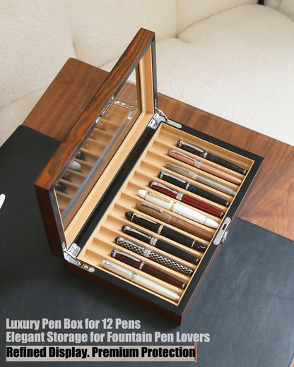 Besforu 12-Slot Fountain Pen Collector Case – Lockable Wooden Organizer with Glass Display Top, Premium Storage Box for Writing Instruments and Gift for Men