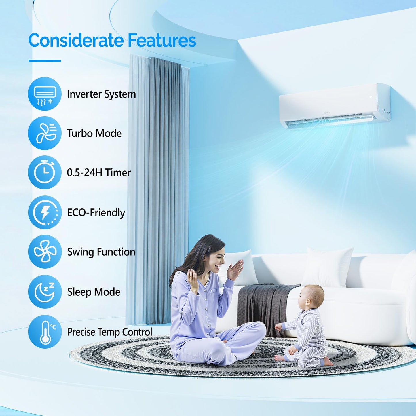 ROVSUN 9000 BTU Mini Split AC/Heating System with Inverter, 19 SEER2 Energy Saving 115V Ductless Split-System Air Conditioner with Pre-Charged Condenser, Heat Pump, Remote Control & Installation Kit