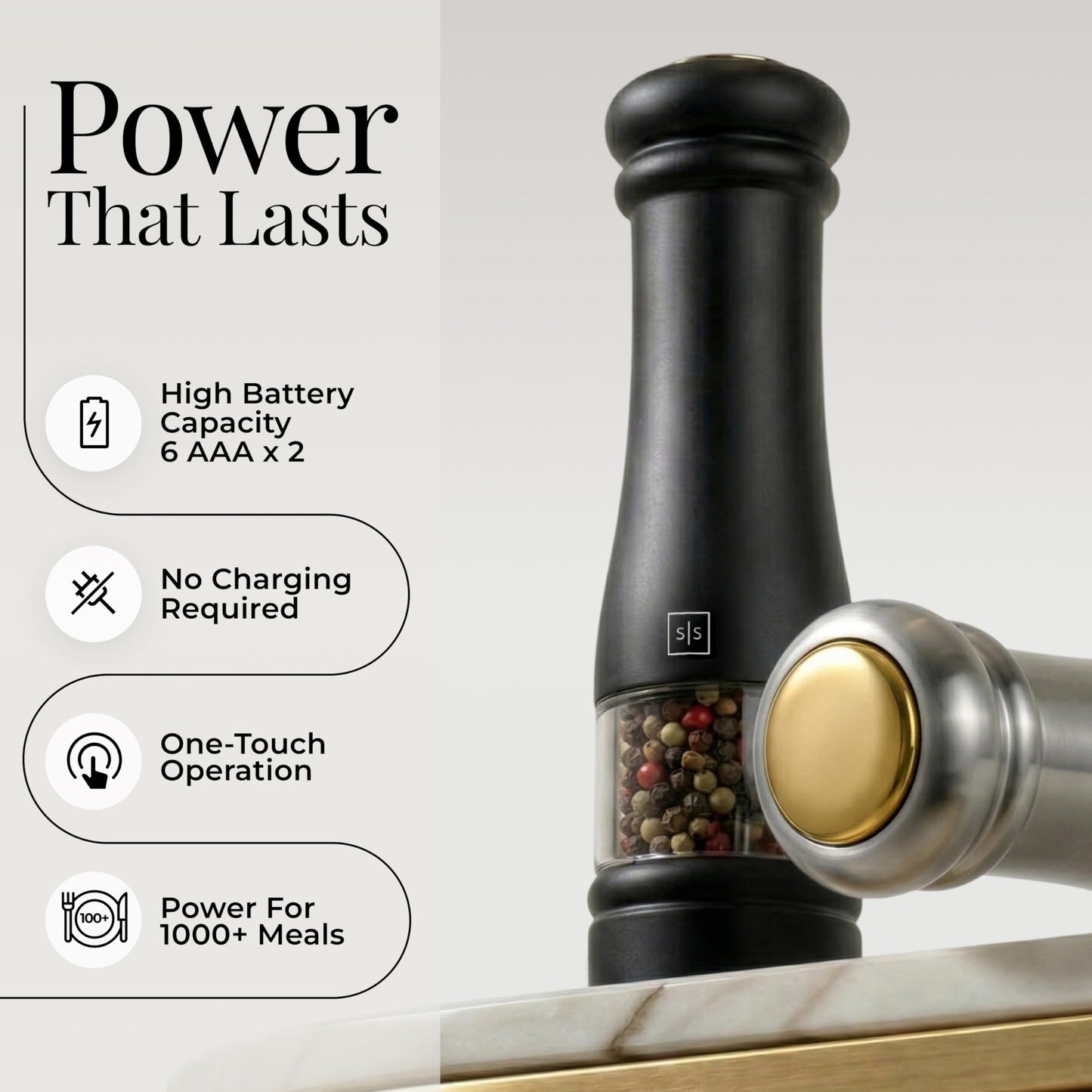 Electric Salt and Pepper Grinder Set - Styled Settings Electric Salt and Pepper Shakers, Automatic Stainless Steel Set with LED Light, Battery Operated, Adjustable Coarseness, Wood Base