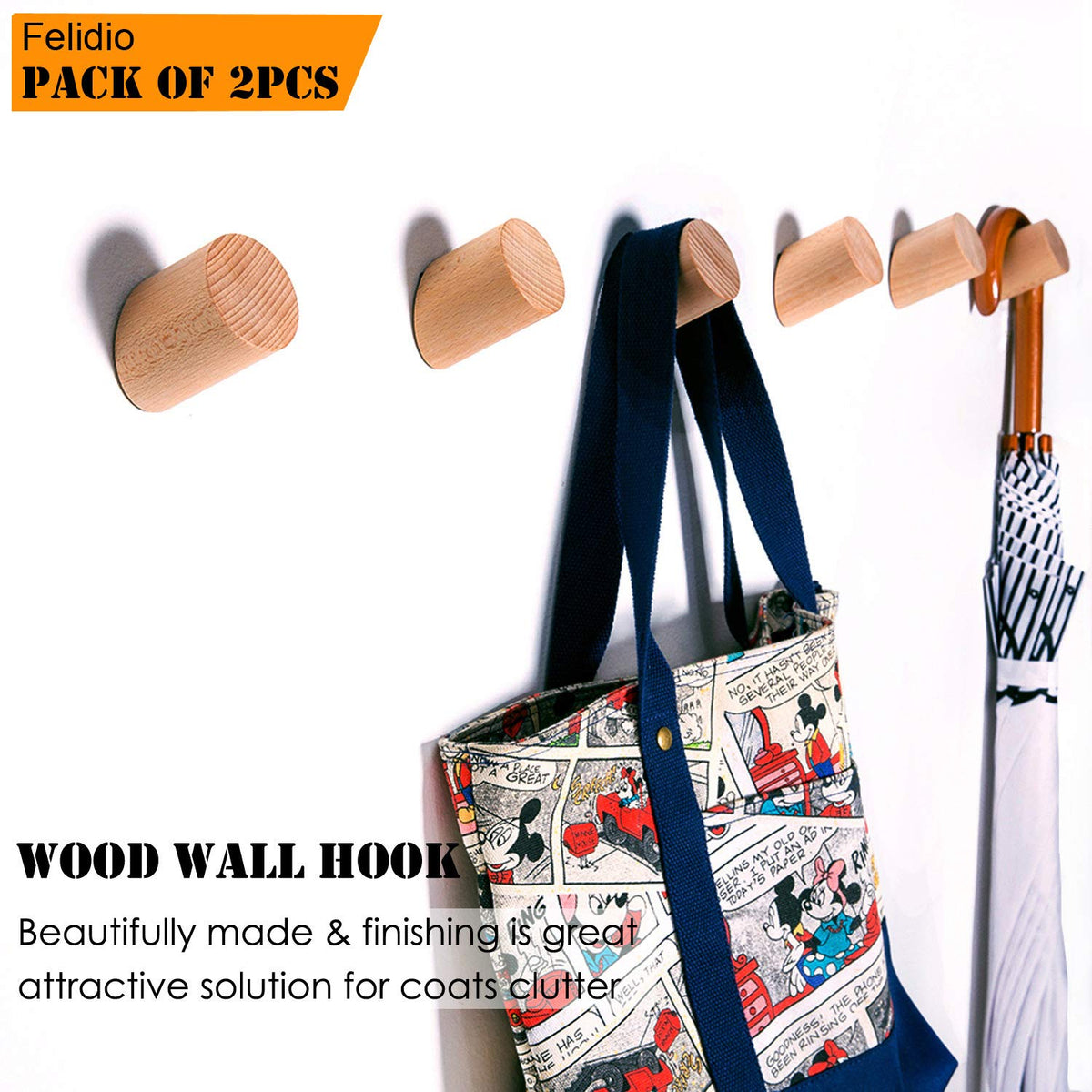 Felidio Wooden Wall Hooks, Natural Wood Coat Hooks Wall-Mounted (2 Pack), Rustic Wall Coat Rack Hat Hook, Entryway Walls Hangers, Heavy Duty Hook for Hanging Towels (Beech Wood)