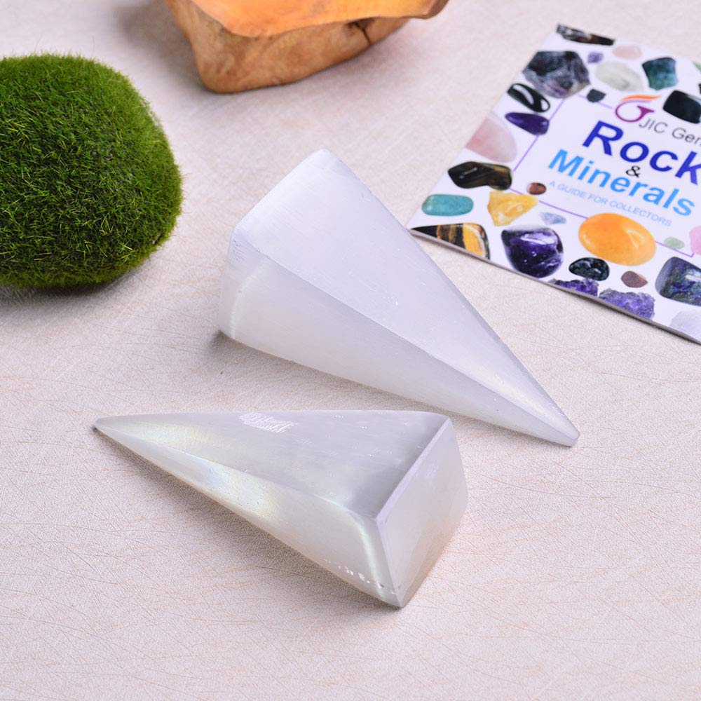 JIC Gem 2pcs Selenite Pyramid 4" Crystal Point White Reiki Healing Crystal Stone for Energy Cleansing and Protection