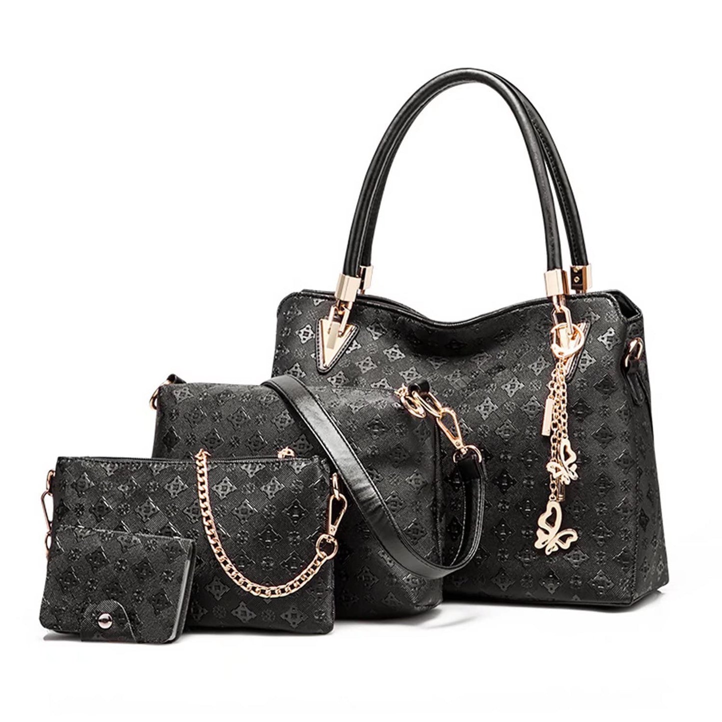 Pahajim Handbags for Women Ladies Bags Sets PU Leather Top Handle Bags Medium Hand Bag with Zip Womens Handbag and Purse Set 4 Piece for Work Office Shopping Party（Black）