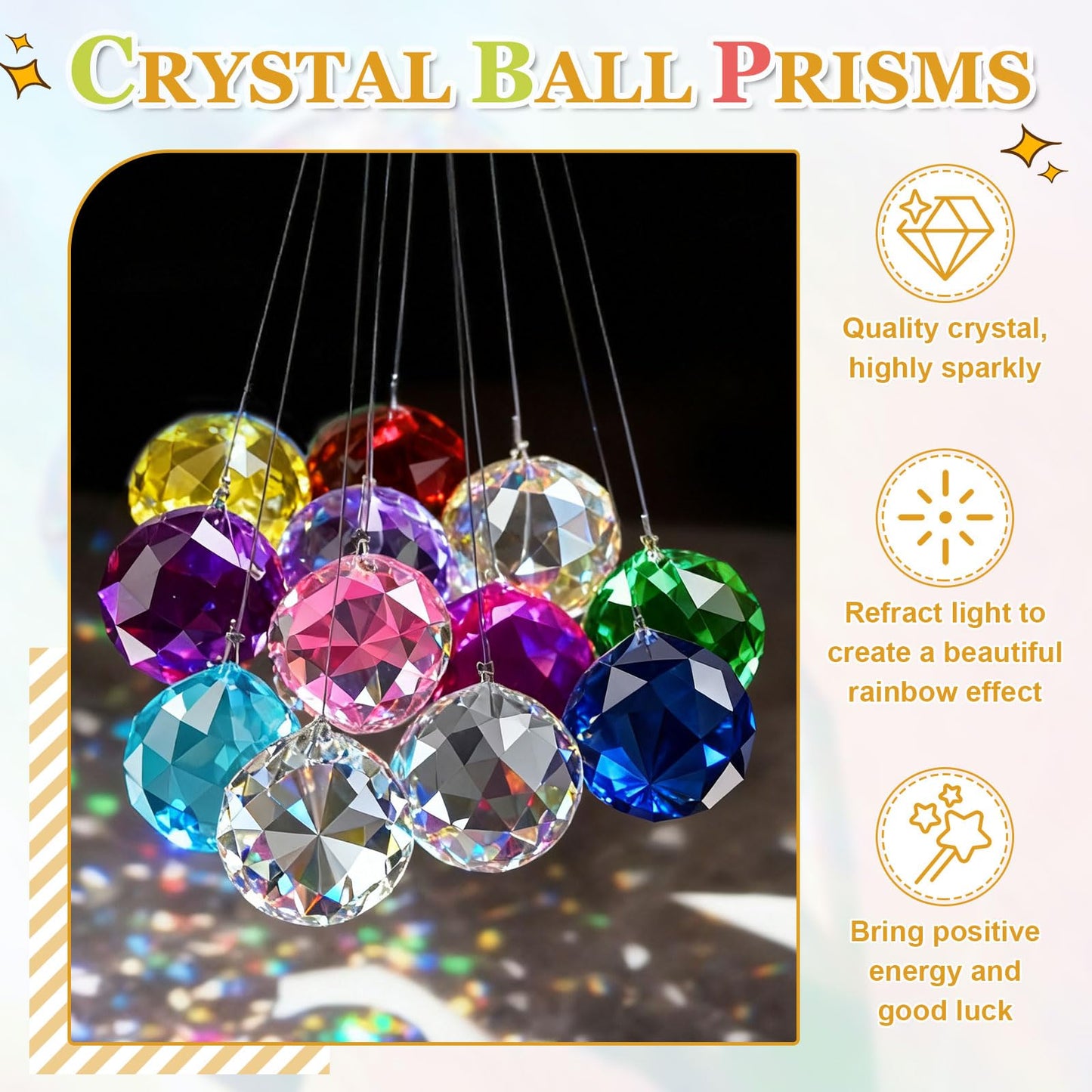 YELARXI Crystal Ball Prisms, Sun Catcher Hanging Prism Sun Catcher Pendant 44mm / 1.73Inch & 10 Pack & Light Yellow-Fitting for (Outdoor/Indoor/Windows/DIY Decor/Feng Shui/Chandelier)
