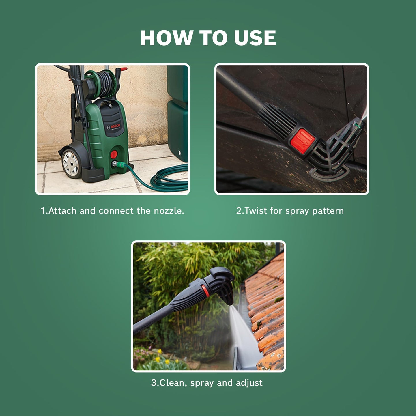 Bosch Pressure Washer Home and Car Cleaning Kit (with patio Cleaner, wash Brush and 90 degree nozzle, in Carton Packaging)