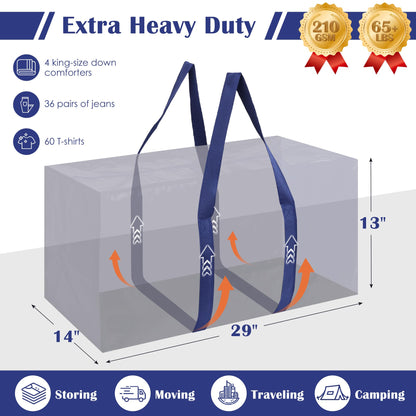 RMOHRO 6 Pack Moving Bags Heavy Duty 210GSM with Full-Open Side Zipper, 93L 65lbs Waterproof Foldable Storage Totes for College Dorm Move-In, Moving Boxes Alternative & Home Organization, Blue
