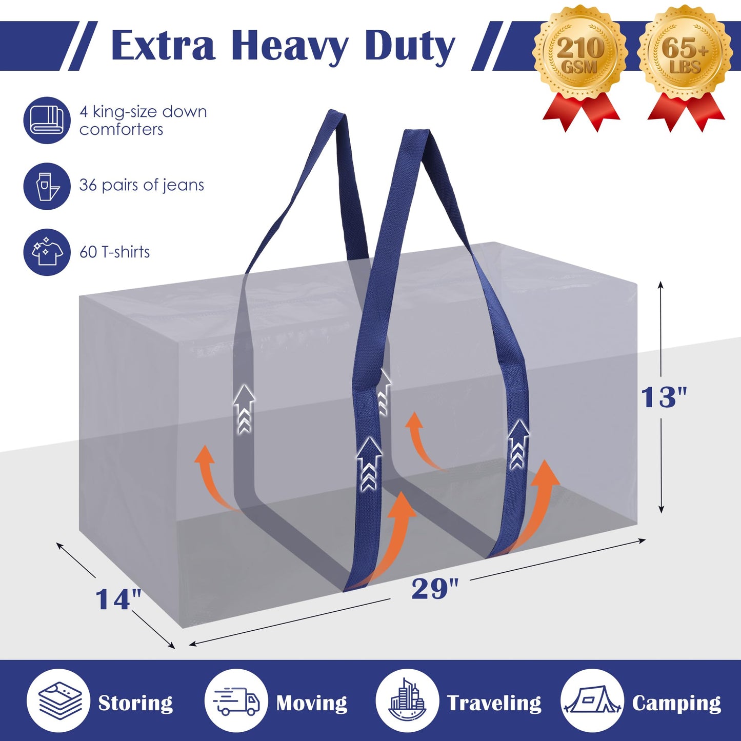 RMOHRO 6 Pack Moving Bags Heavy Duty 210GSM with Full-Open Side Zipper, 93L 220lbs Waterproof Foldable Storage Totes for College Dorm Move-In, Moving Boxes Alternative & Home Organization, Blue